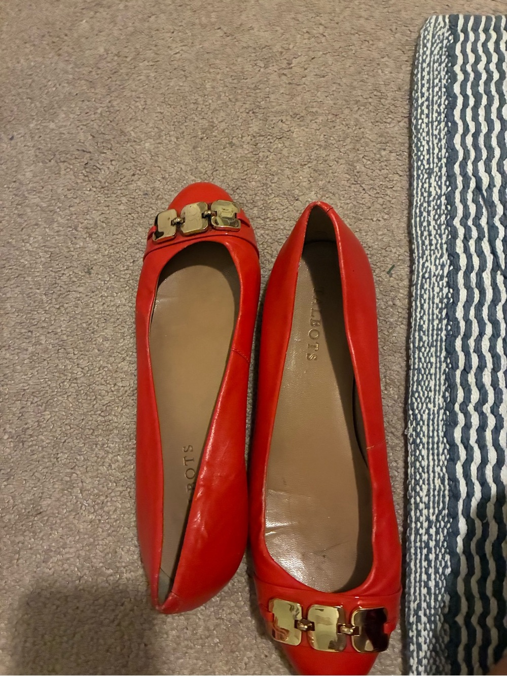 Talbots Red Leather Ballet Flats with Gold Chain Detail